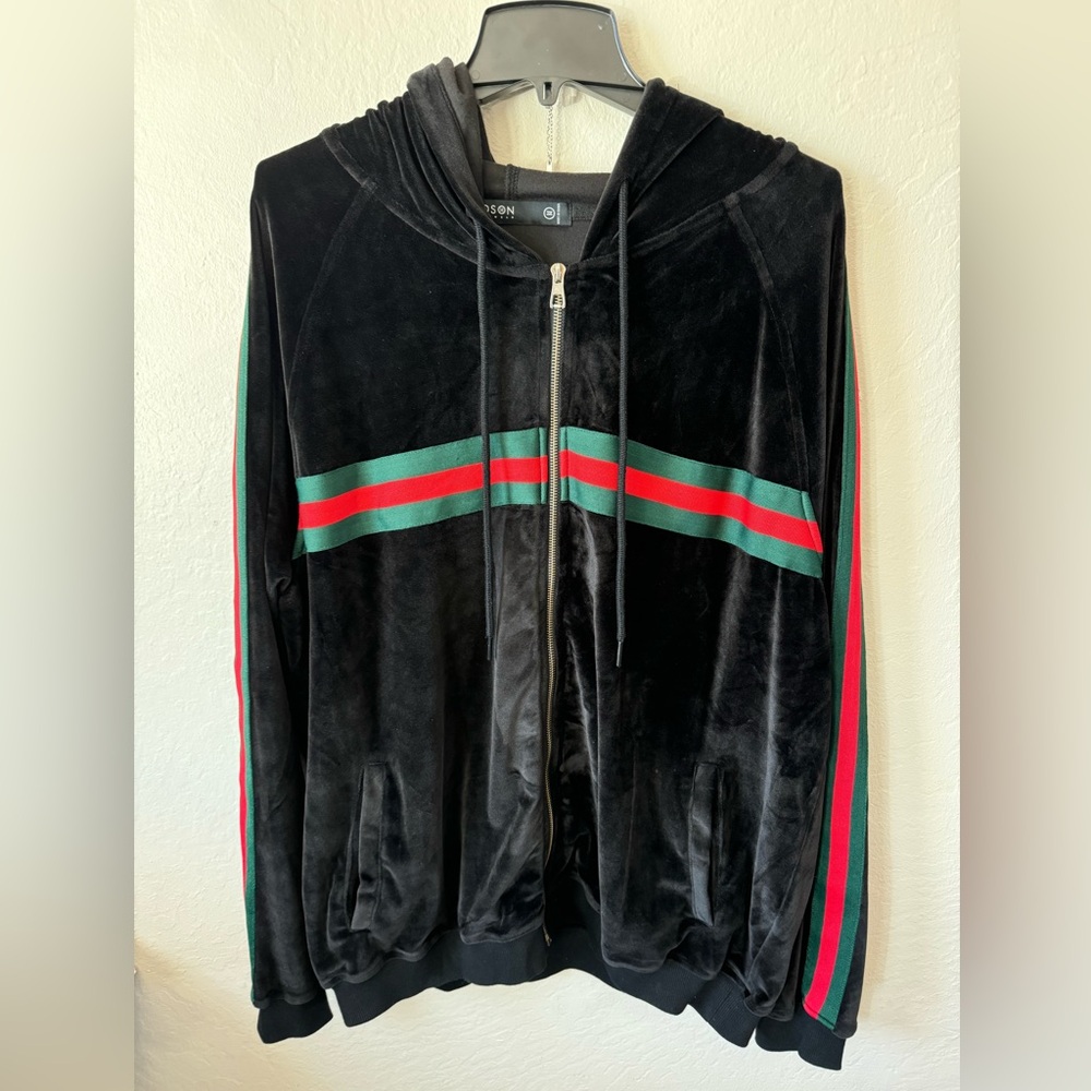 Men’s- Black zip-up with green and red strips